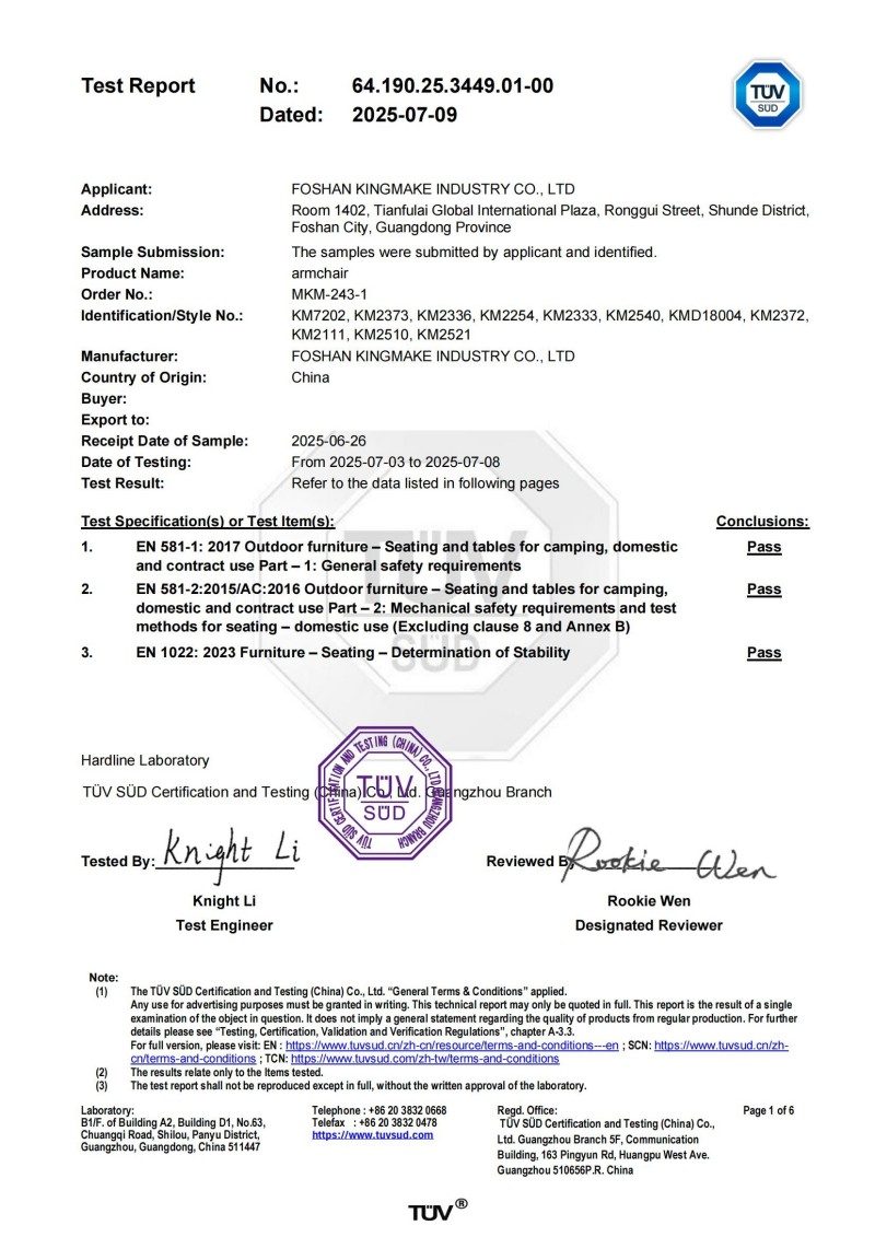 TÜV SÜD certification for Kingmake outdoor arm chair