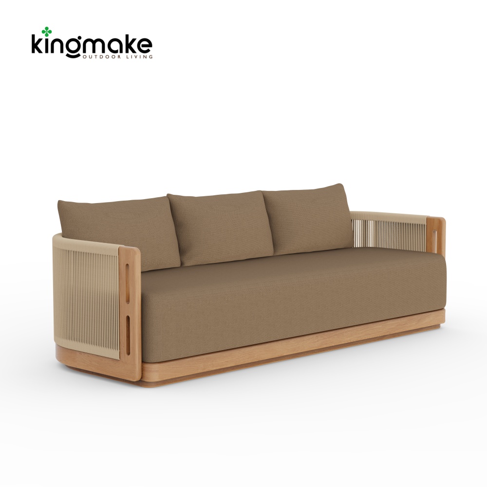 Laguna Collection Solid Teak Three-Seater Sofa with Hand-Woven Rope