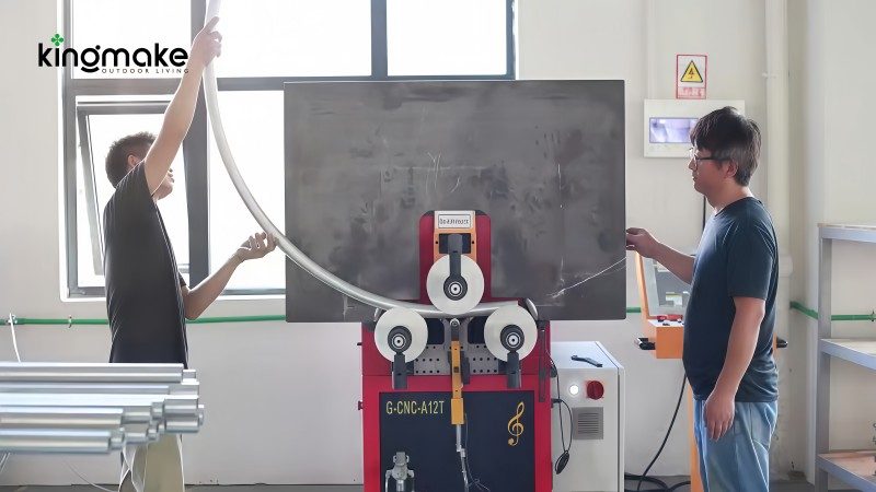 Hydraulic tube-bending station at Kingmake's Foshan outdoor furniture factory