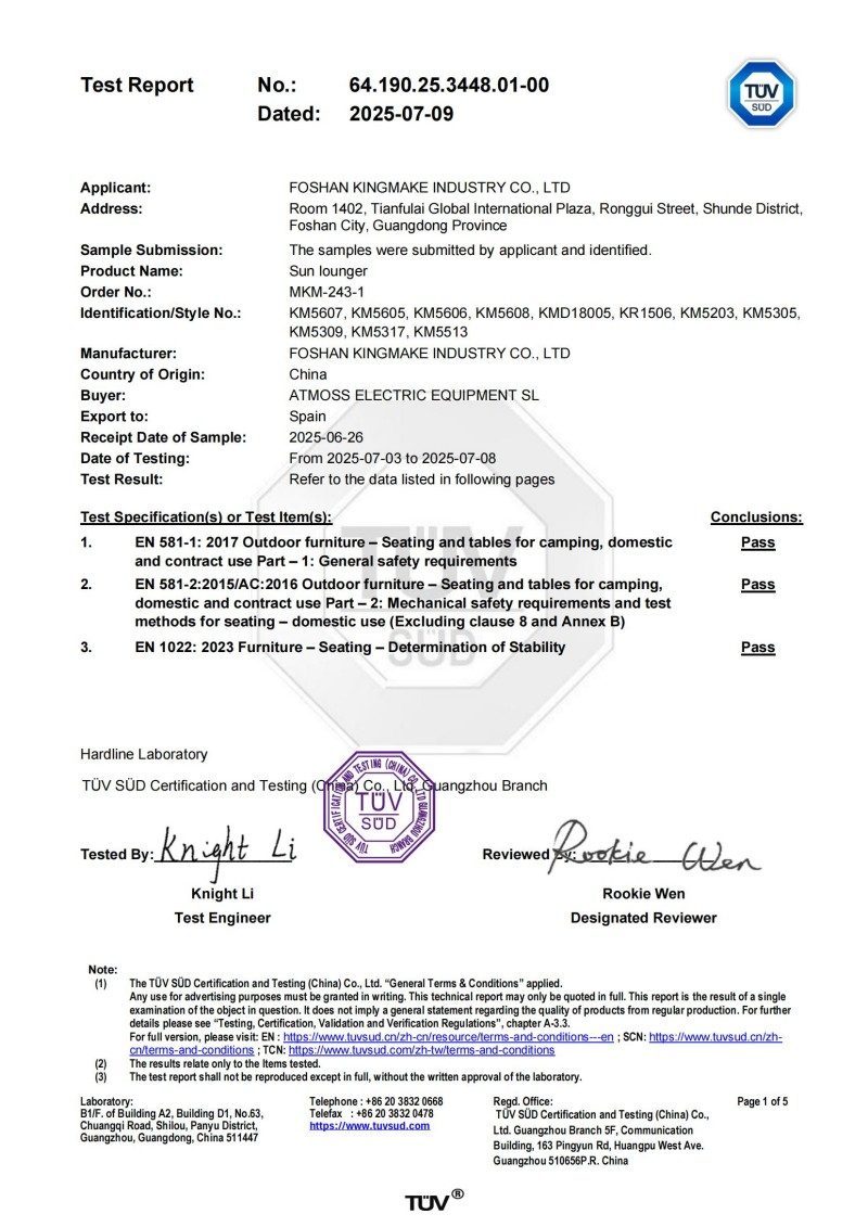 TÜV SÜD certification for Kingmake outdoor sun lounger
