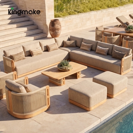 Laguna Collection Solid Teak Modular Outdoor Sectional Sofa with Hand-Woven Rope