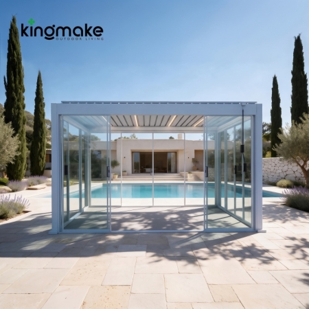 Louvered Aluminium Pergola with Sliding Glass Doors